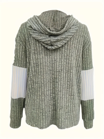 Colour Block Zip-Up Hoodie Jacket – Ribbed Knit Long Sleeve