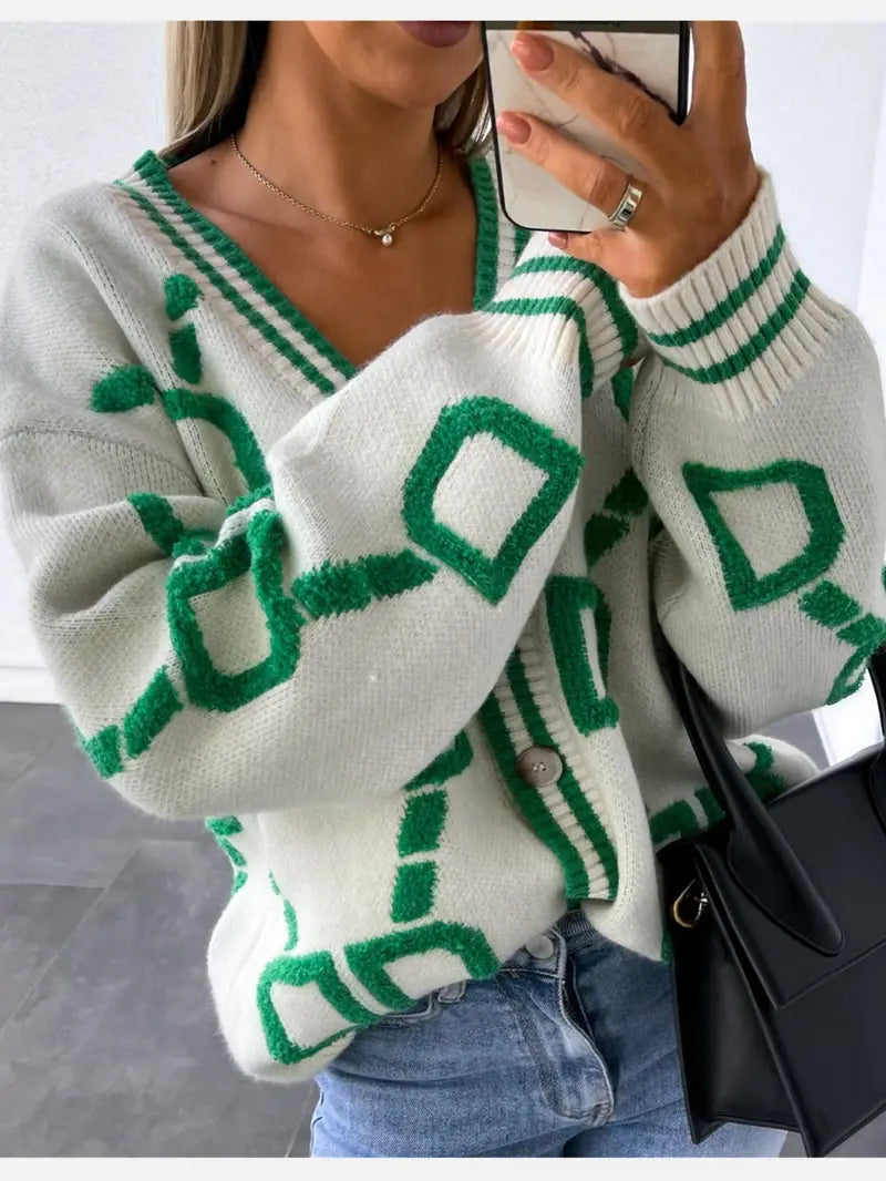Geometric Knit Cardigan – V-Neck Button-Front Long Sleeve