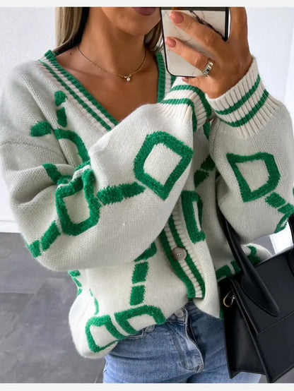 Geometric Knit Cardigan – V-Neck Button-Front Long Sleeve