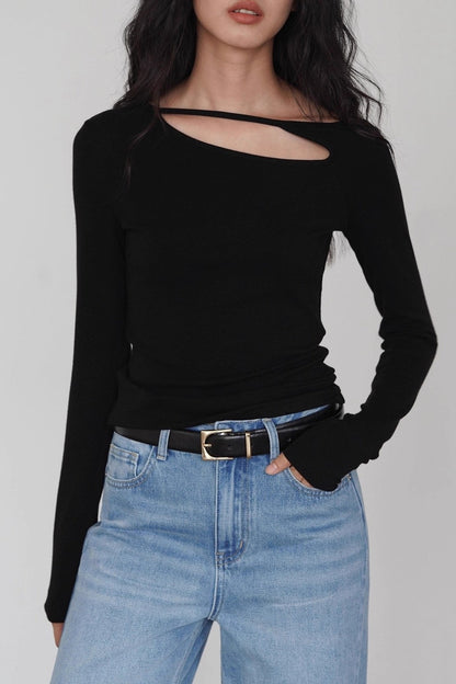 Cutout Long Sleeve Top – Asymmetric Neck Slim Fit Knit