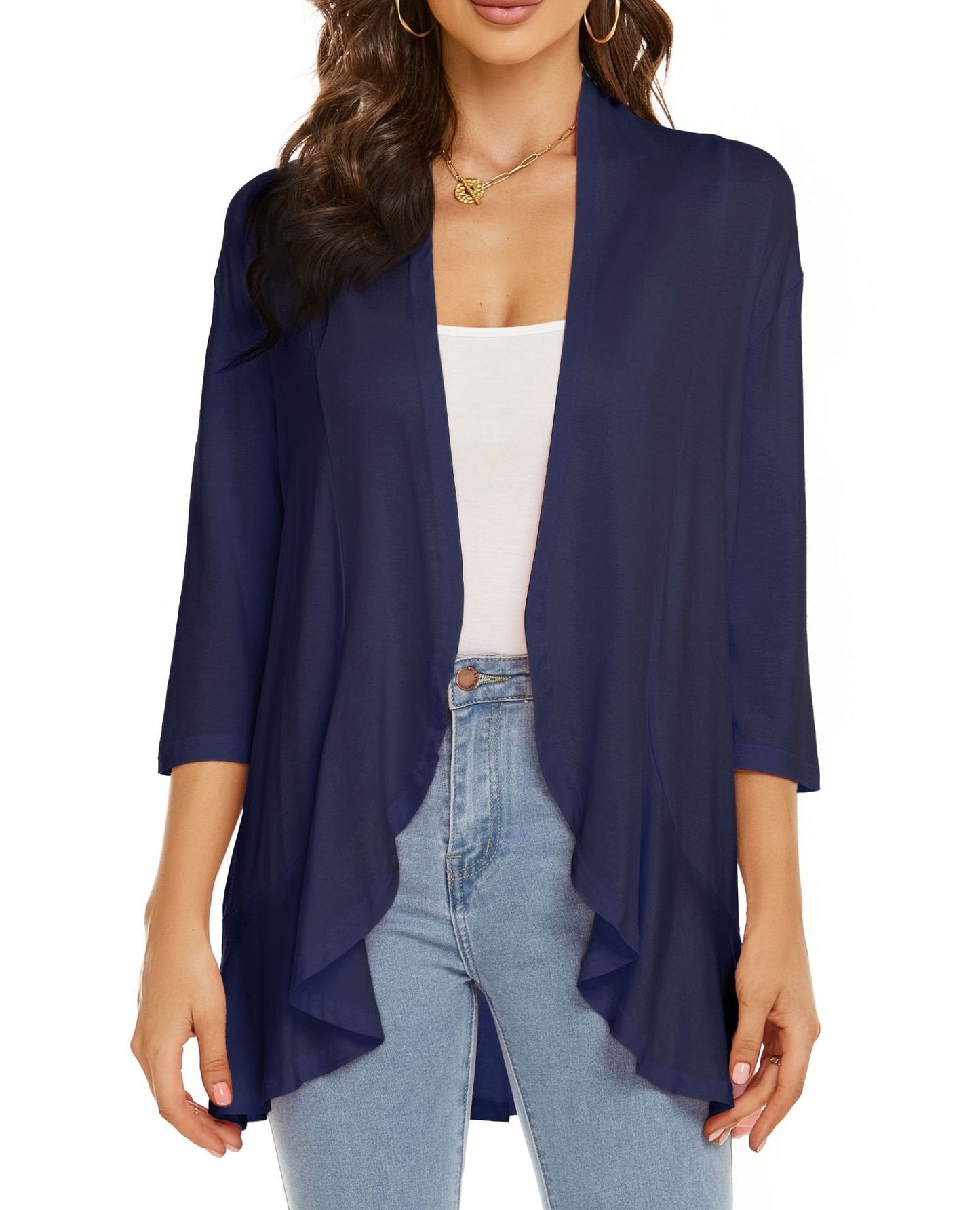 Open Front Draped Cardigan – Women's 3/4 Sleeve Lightweight Layer