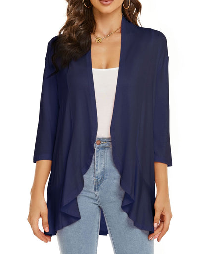 Open Front Draped Cardigan – Women's 3/4 Sleeve Lightweight Layer