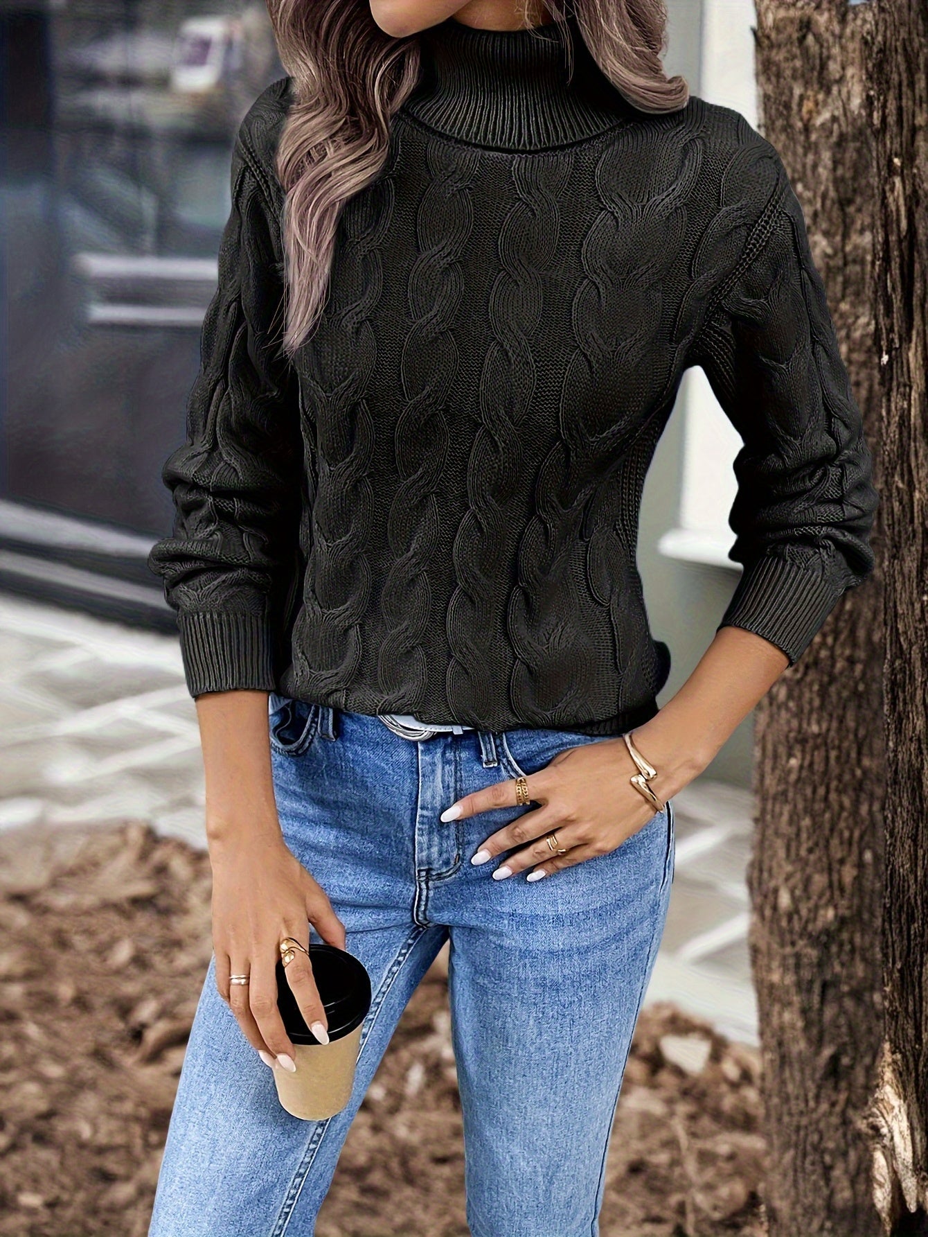 Cable Knit Turtleneck Sweater – Women's Long Sleeve Pullover