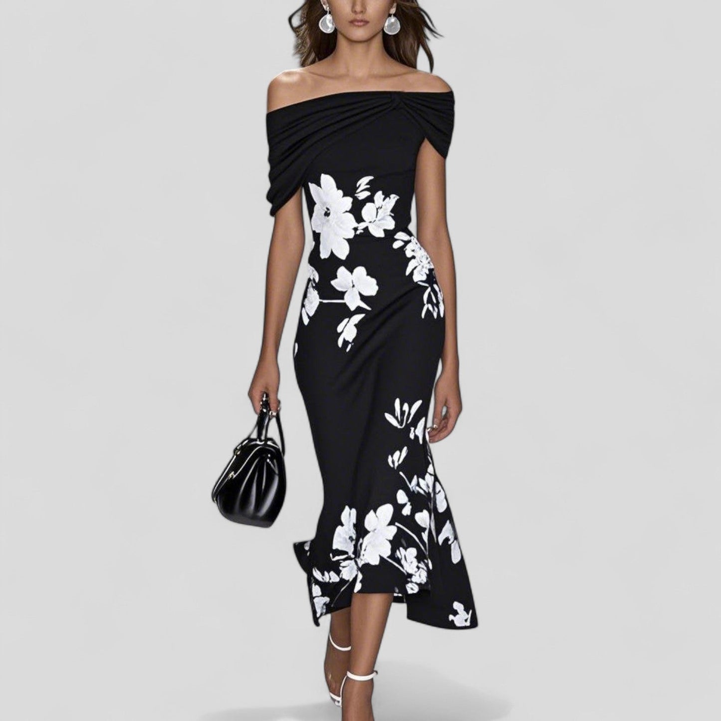Floral Print Off-Shoulder Midi Dress – Ruched Bodycon Ruffle Hem
