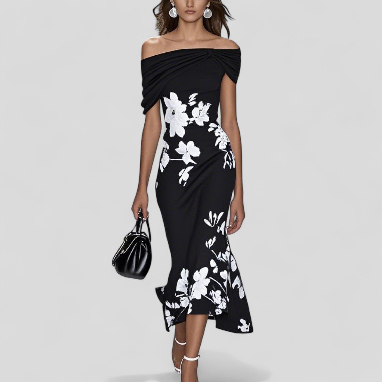 Floral Print Off-Shoulder Midi Dress – Ruched Bodycon Ruffle Hem