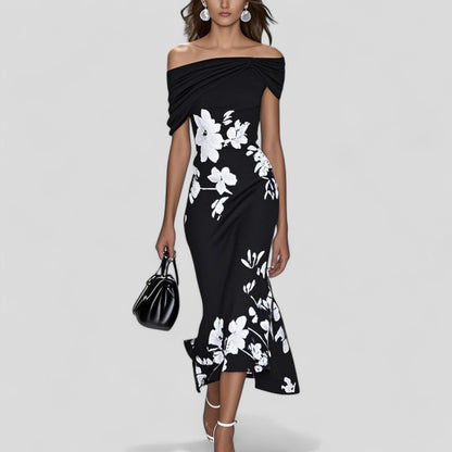 Floral Print Off-Shoulder Midi Dress – Ruched Bodycon Ruffle Hem