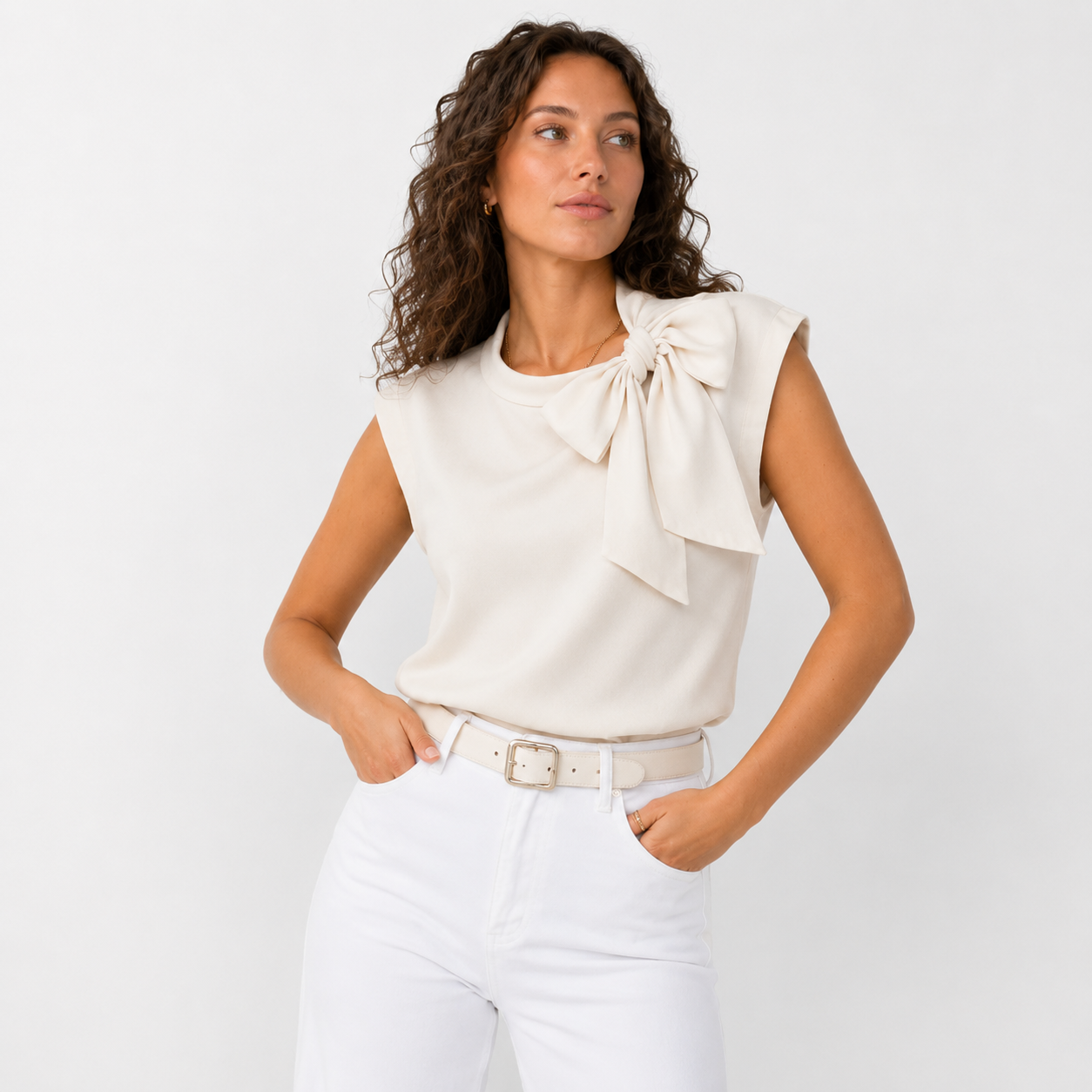 Satin Bow Neck Top – Cap Sleeve Work Blouse