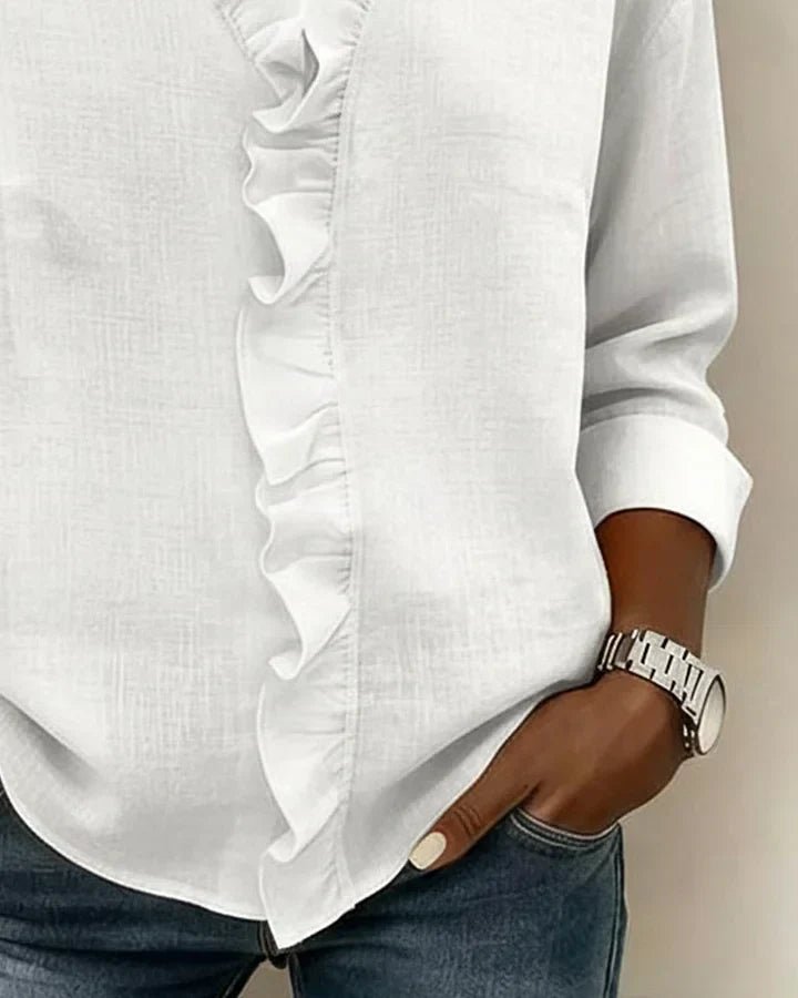 Ruffle V-Neck Long Sleeve Blouse – Relaxed Fit Casual Top
