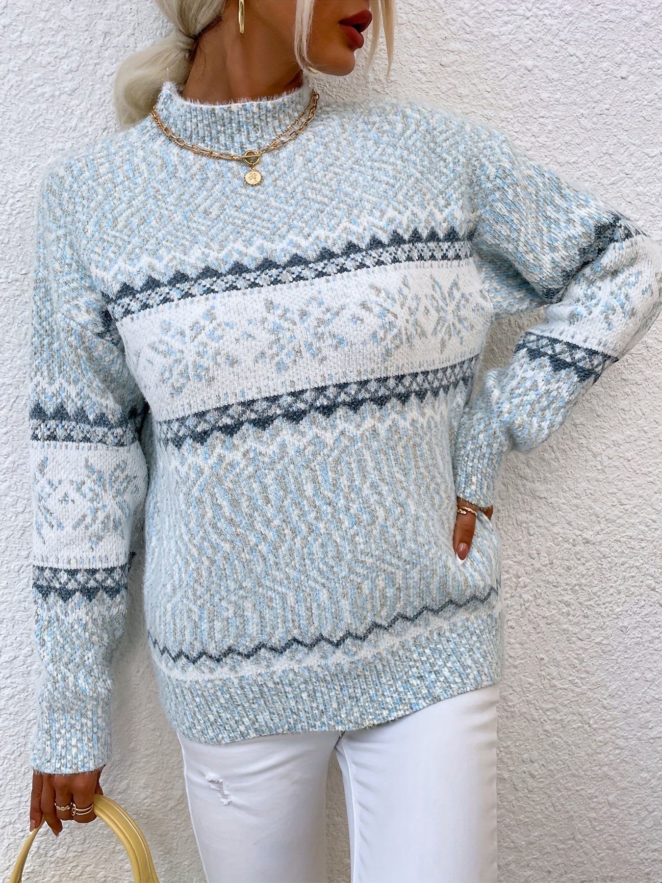 Fair Isle Snowflake Mock Neck Sweater – Relaxed Fit Winter Pullover