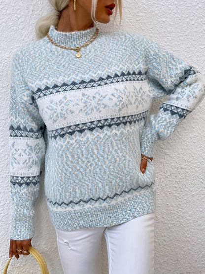 Fair Isle Snowflake Mock Neck Sweater – Relaxed Fit Winter Pullover