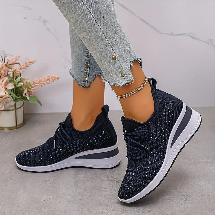 Rhinestone Knit Wedge Sneakers – Lace-Up Casual Platform Shoes