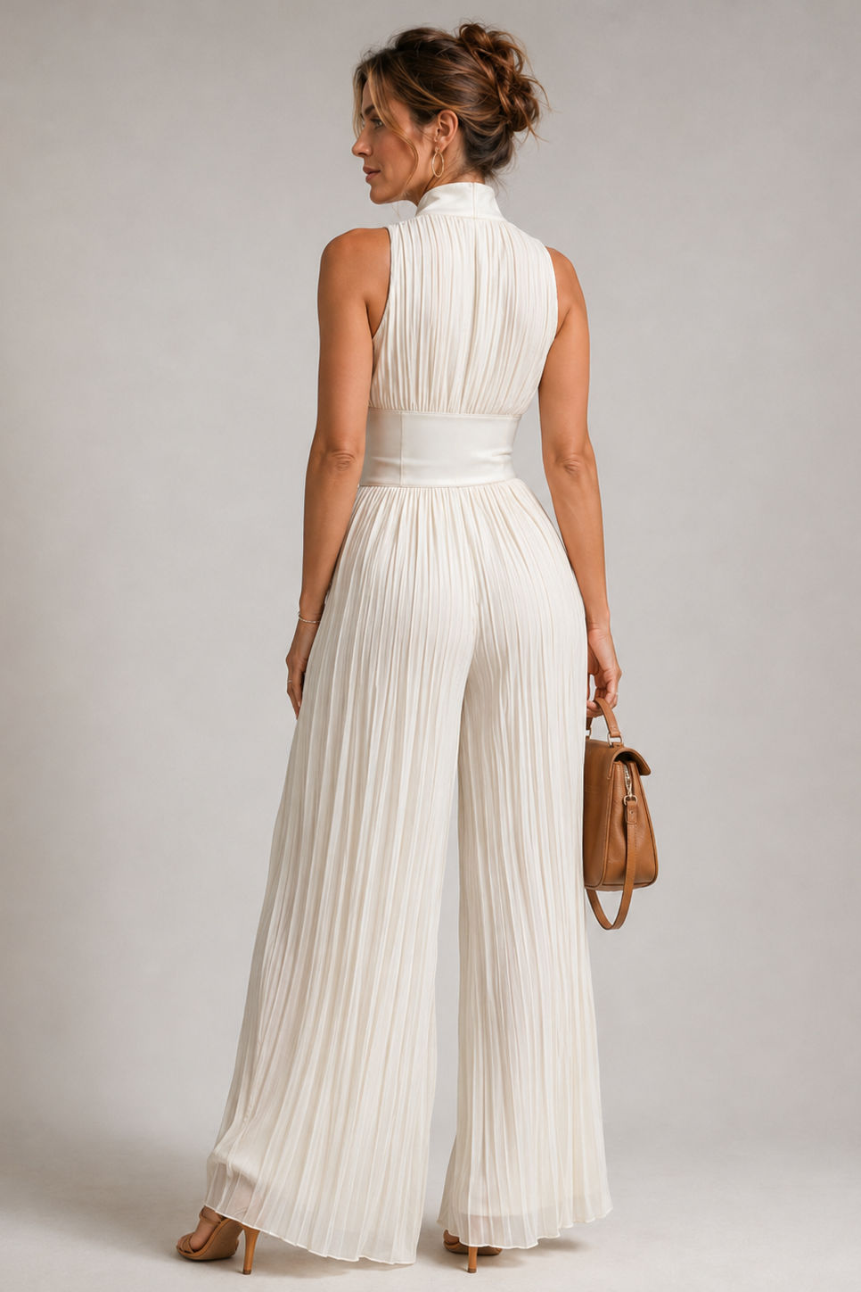 Pleated Wide-Leg Jumpsuit – Sleeveless Deep V-Neck Floral