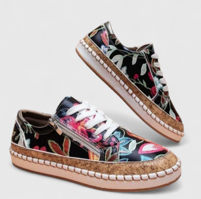 Floral Print Platform Sneakers – Cork Sole Lace-Up Low-Top