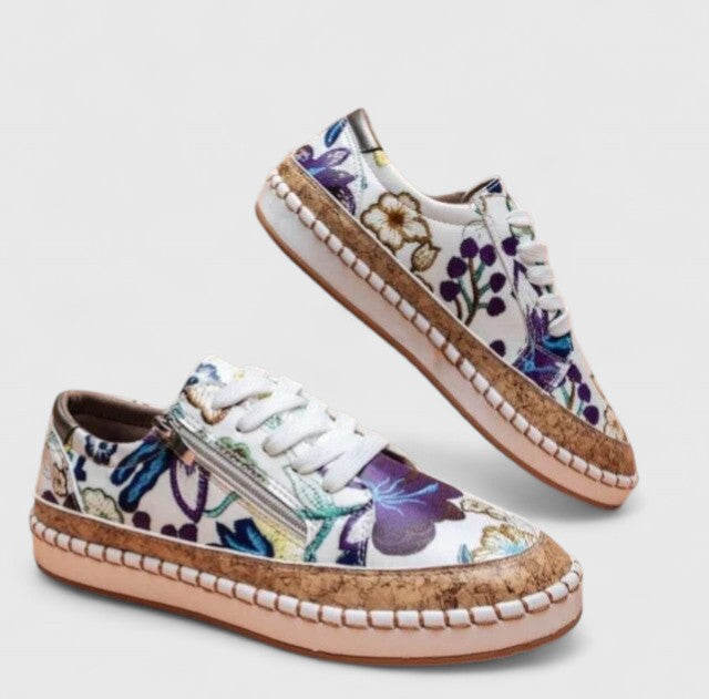 Floral Print Platform Sneakers – Cork Sole Lace-Up Low-Top