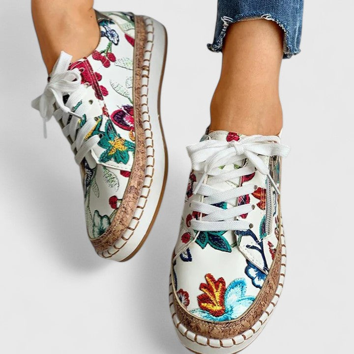 Floral Print Platform Sneakers – Cork Sole Lace-Up Low-Top