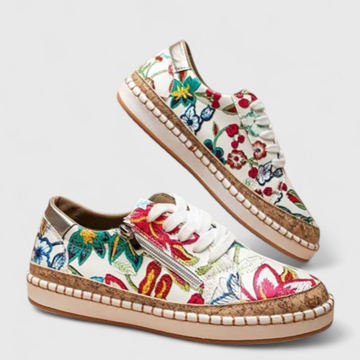 Floral Print Platform Sneakers – Cork Sole Lace-Up Low-Top