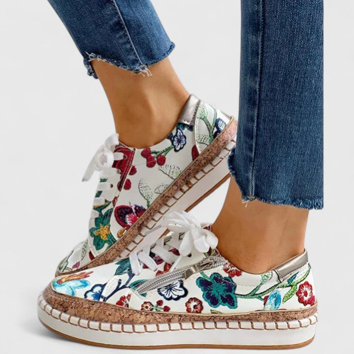 Floral Print Platform Sneakers – Cork Sole Lace-Up Low-Top