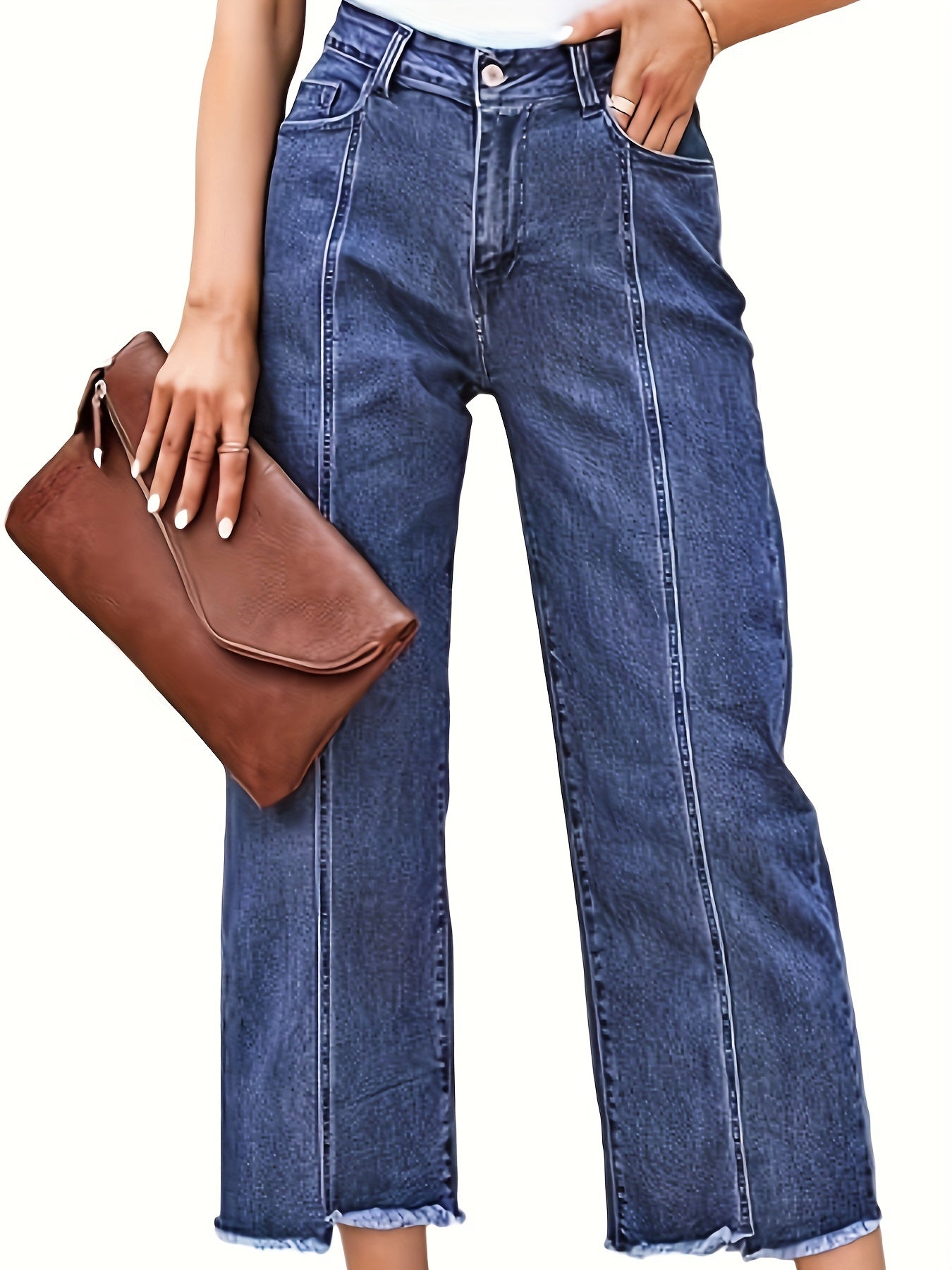 High Waist Wide Leg Cropped Jeans – Raw Hem Dark Wash Denim