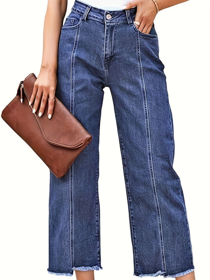 High Waist Wide Leg Cropped Jeans – Raw Hem Dark Wash Denim