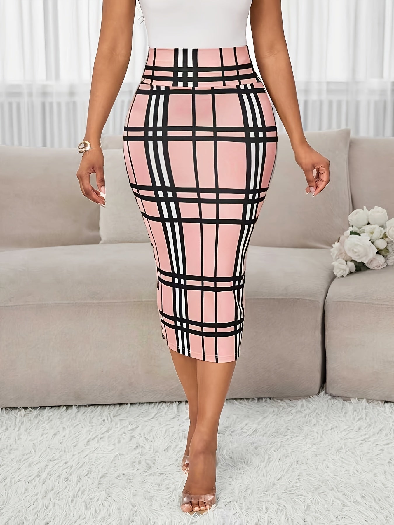 High-Waist Plaid Pencil Skirt – Bodycon Midi Work Skirt