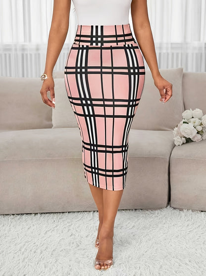 High-Waist Plaid Pencil Skirt – Bodycon Midi Work Skirt