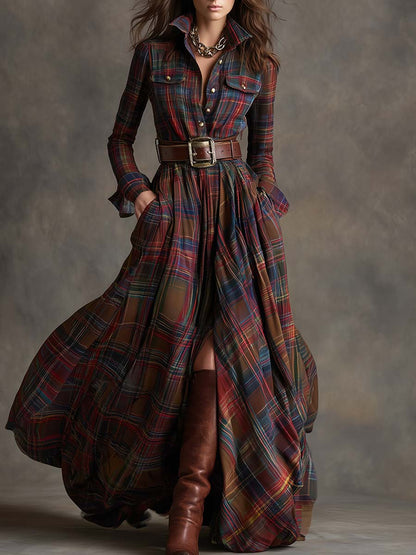 Plaid Maxi Shirt Dress – Long Sleeve Belted Tartan Dress