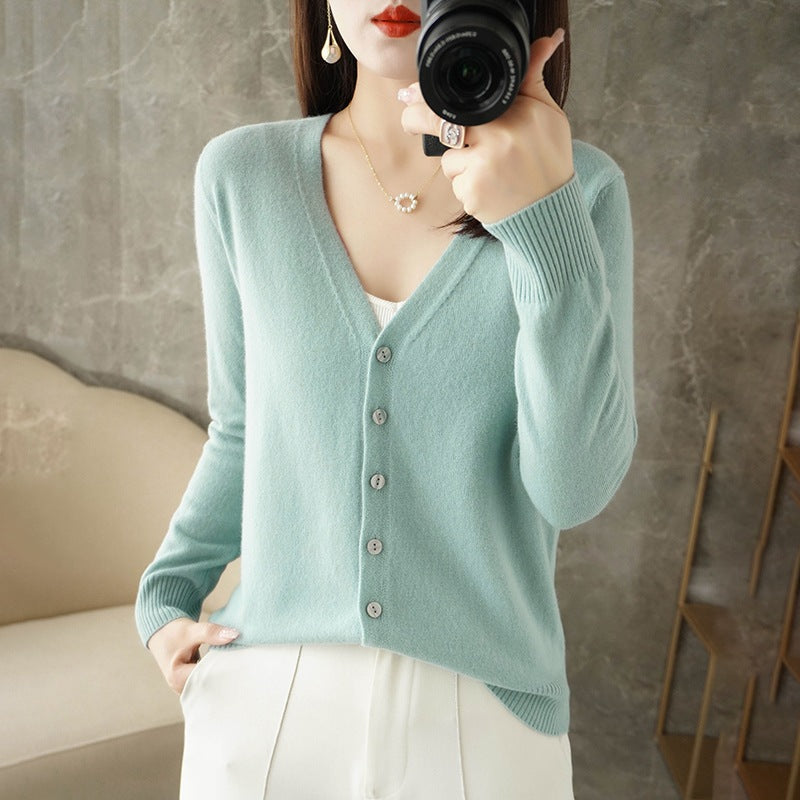Knit V-Neck Cardigan – Button-Front Long Sleeve Layering Sweater