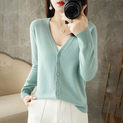Knit V-Neck Cardigan – Button-Front Long Sleeve Layering Sweater