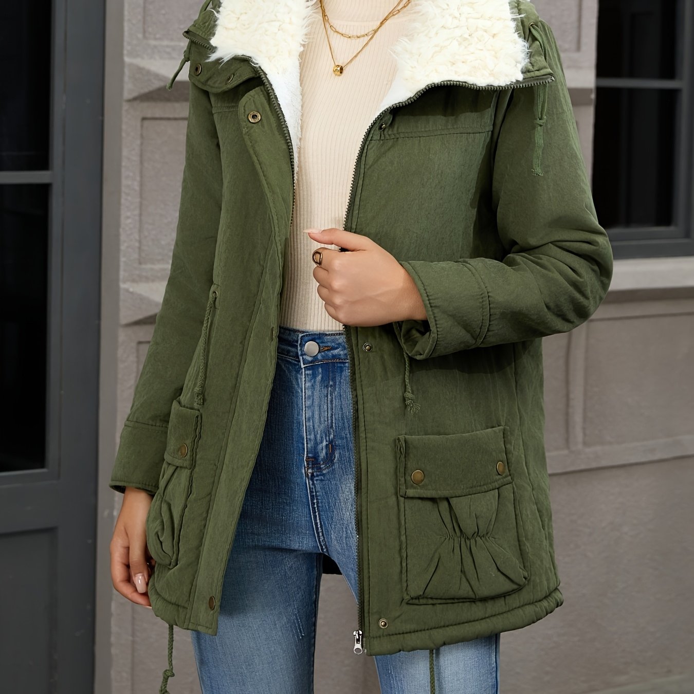 Fleece-Lined Hooded Parka – Women's Drawstring Waist Winter Coat