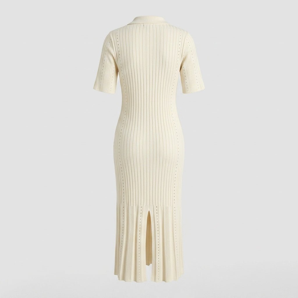 Pointelle Knit Midi Dress – Button-Down Polo Collar Bodycon