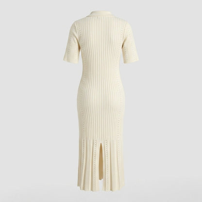 Pointelle Knit Midi Dress – Button-Down Polo Collar Bodycon