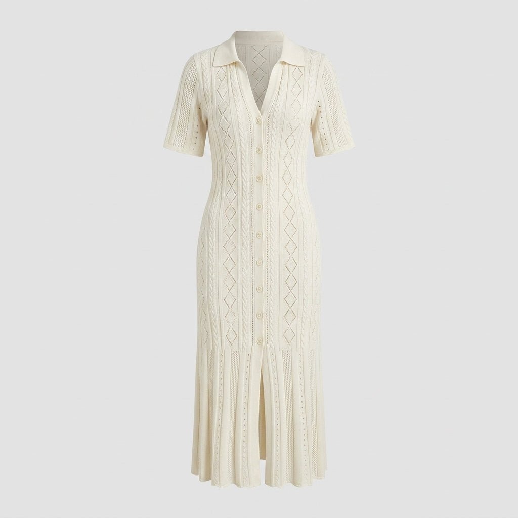 Pointelle Knit Midi Dress – Button-Down Polo Collar Bodycon