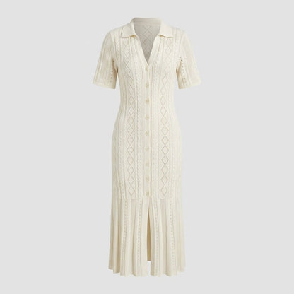 Pointelle Knit Midi Dress – Button-Down Polo Collar Bodycon