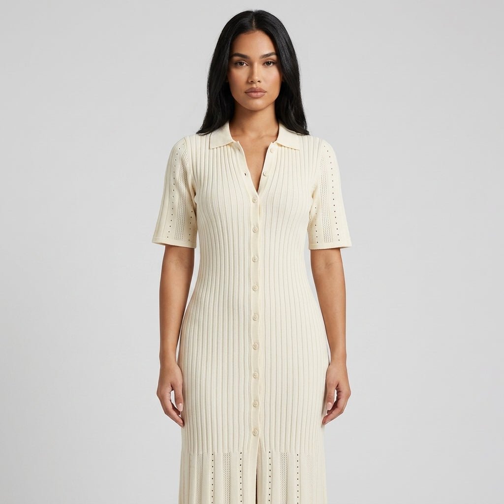 Pointelle Knit Midi Dress – Button-Down Polo Collar Bodycon