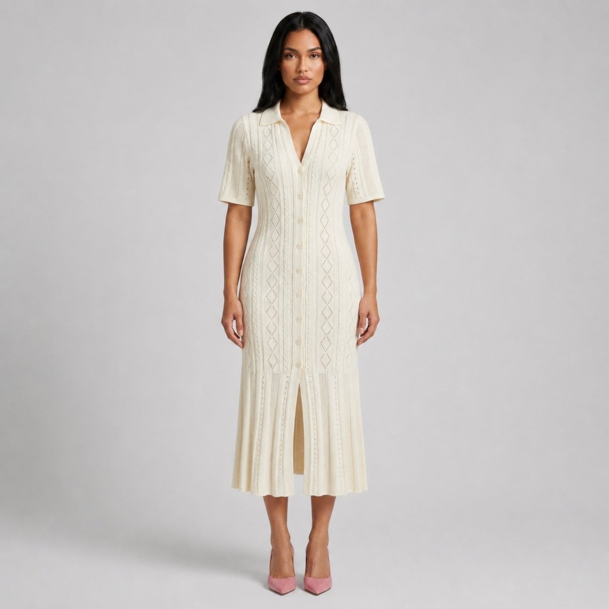 Pointelle Knit Midi Dress – Button-Down Polo Collar Bodycon