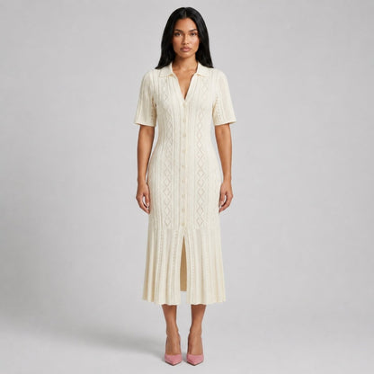 Pointelle Knit Midi Dress – Button-Down Polo Collar Bodycon