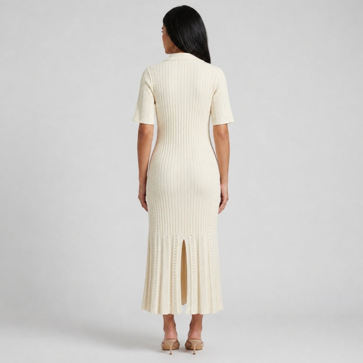 Pointelle Knit Midi Dress – Button-Down Polo Collar Bodycon