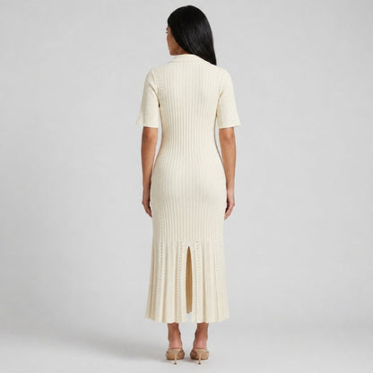 Pointelle Knit Midi Dress – Button-Down Polo Collar Bodycon