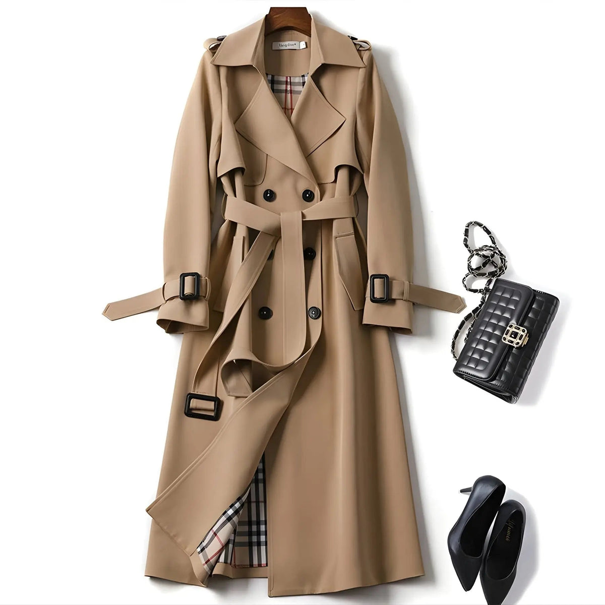 Double Breasted Long Trench Coat – Belted Lapel Coat for Women