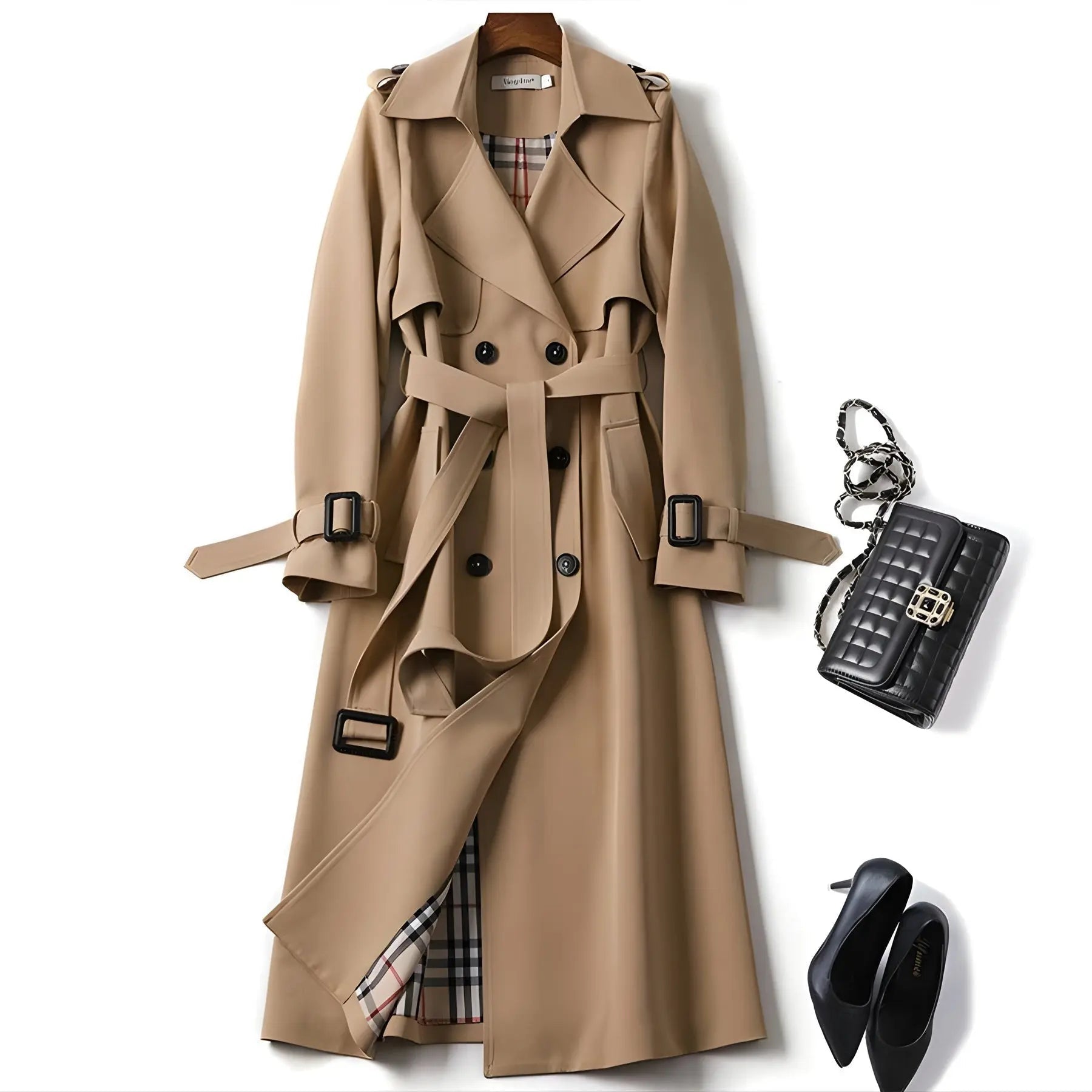 Double Breasted Long Trench Coat – Belted Lapel Coat for Women