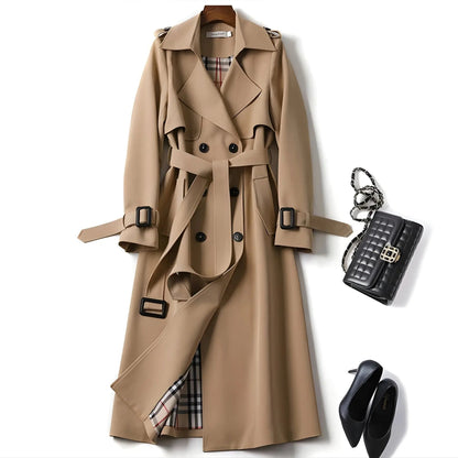 Double Breasted Long Trench Coat – Belted Lapel Coat for Women