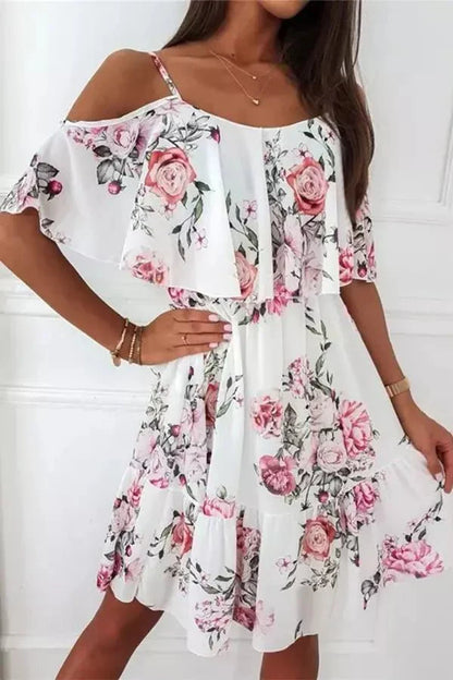 Women's Cold Shoulder Midi Dress – Floral Spaghetti Strap Tiered Ruffle Summer Dress