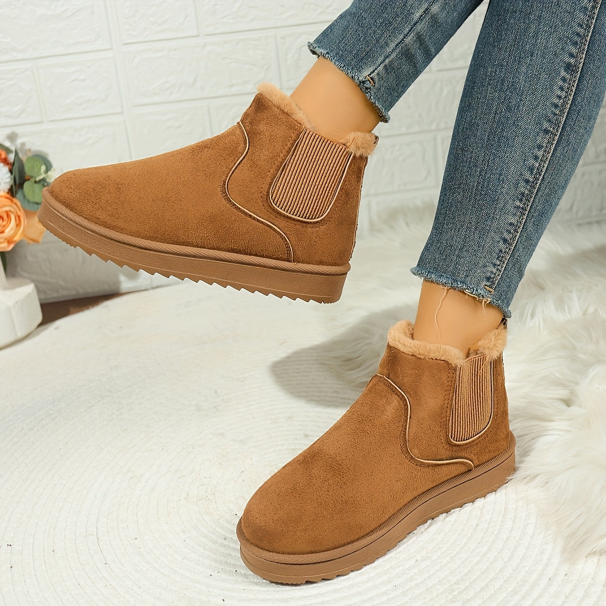 Faux Suede Fur-Lined Slip-On Ankle Boots – Plush Winter Booties