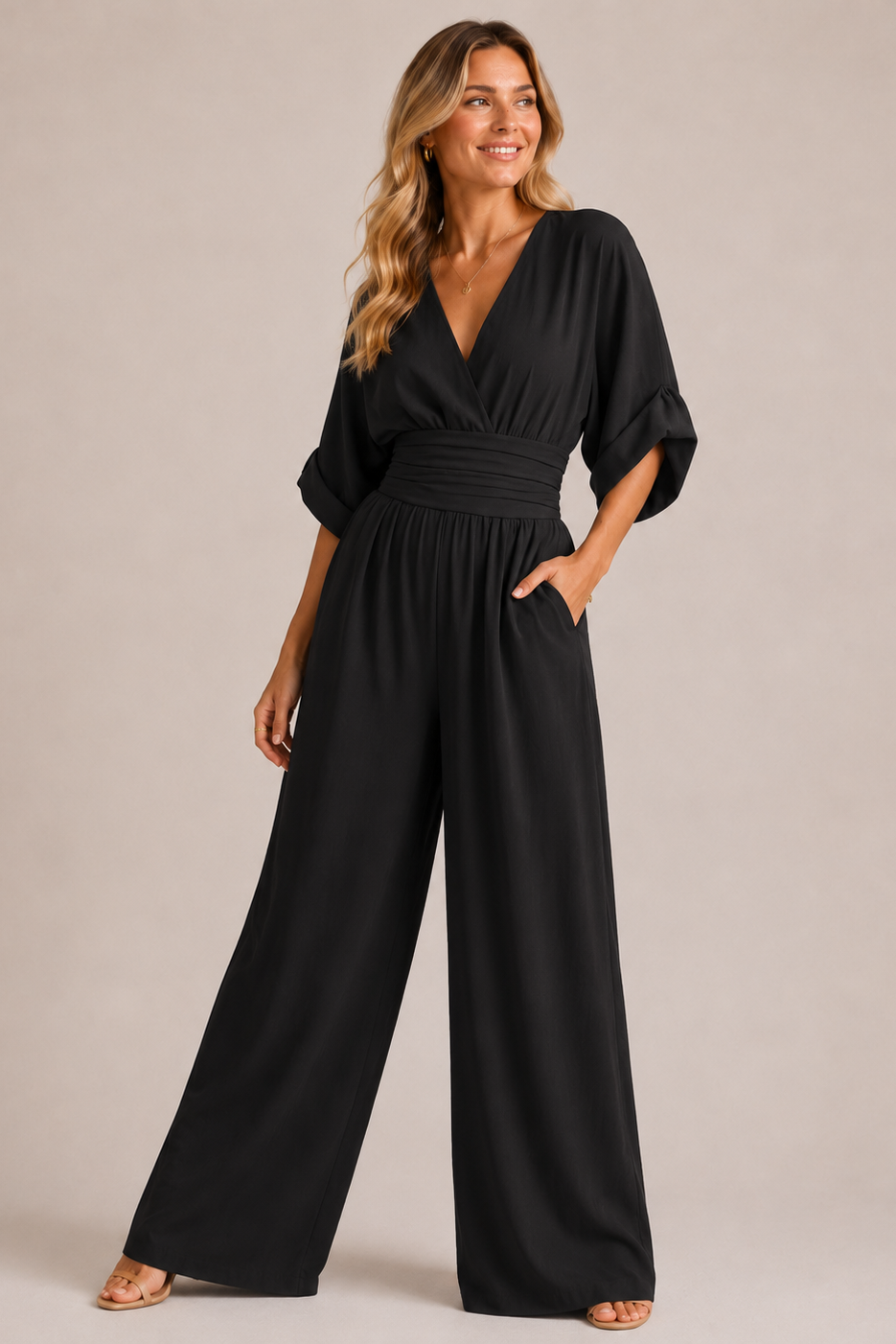 Wide-Leg Wrap Jumpsuit – V-Neck High-Waist Kimono Sleeve