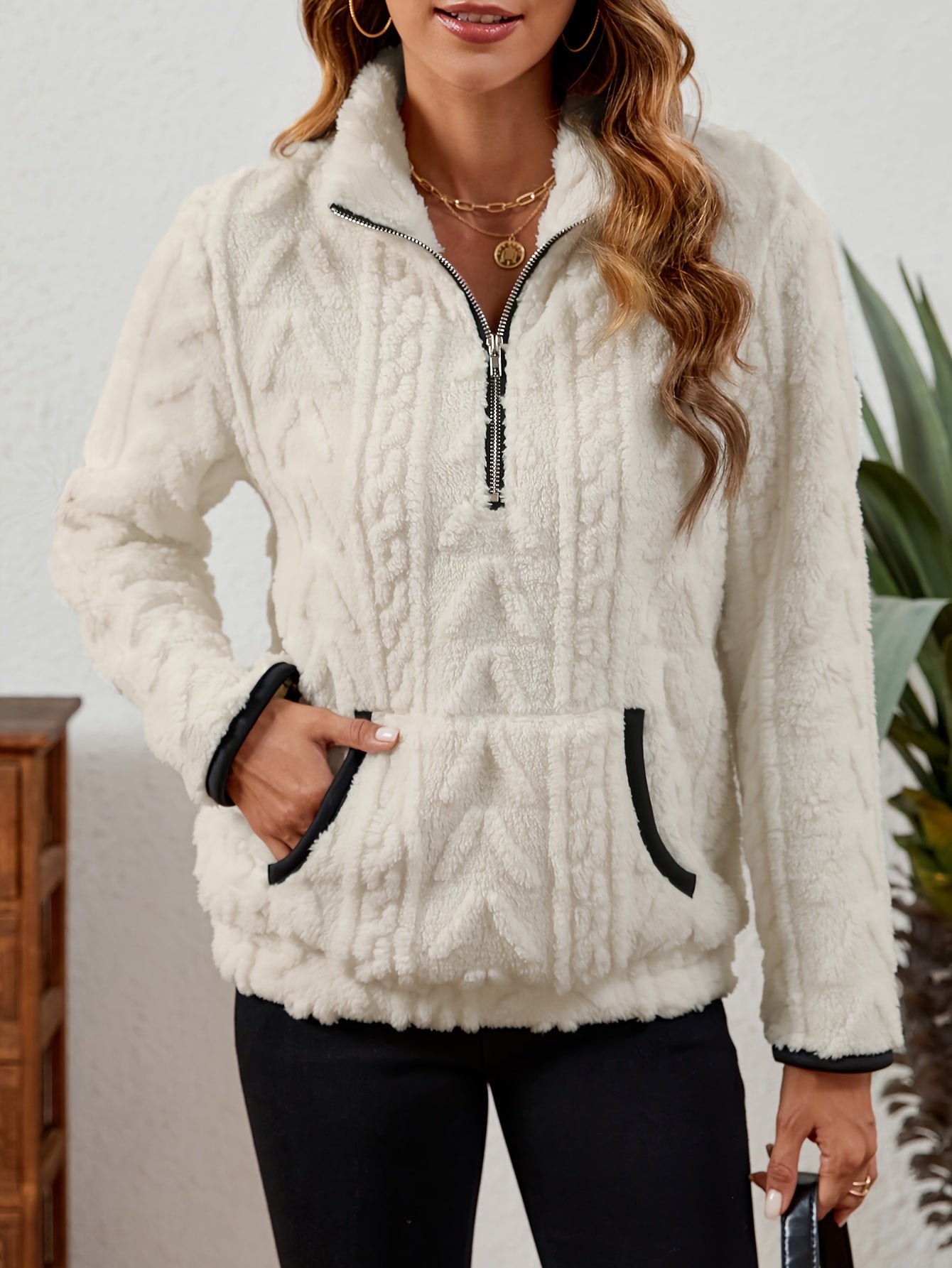 Sherpa Fleece Half-Zip Pullover – Textured Long Sleeve with Kangaroo Pocket