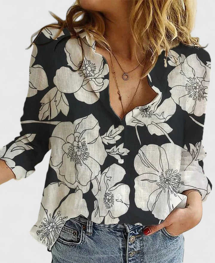 Linen Button-Down Shirt – Women's Long Sleeve Collared Blouse