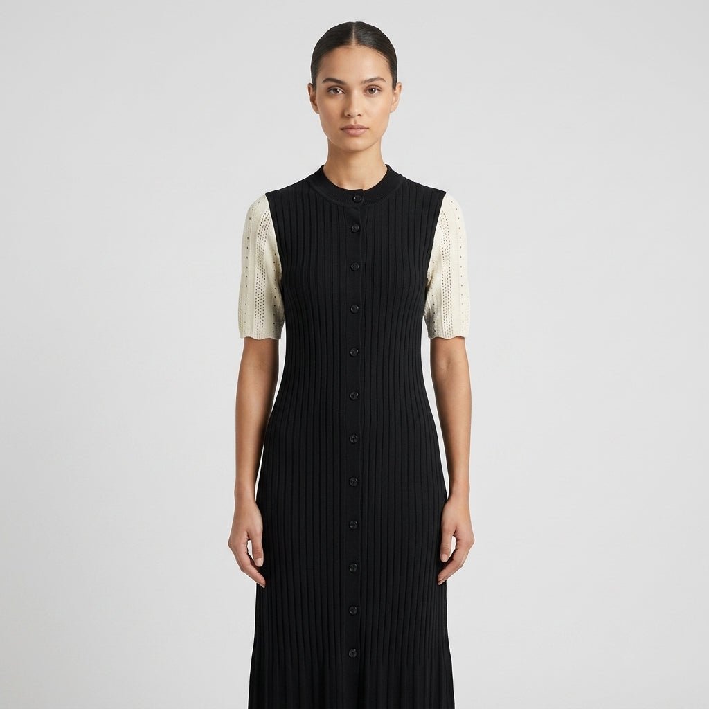 Pointelle Knit Midi Dress – Button-Down Polo Collar Bodycon