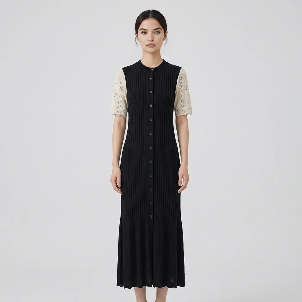 Pointelle Knit Midi Dress – Button-Down Polo Collar Bodycon