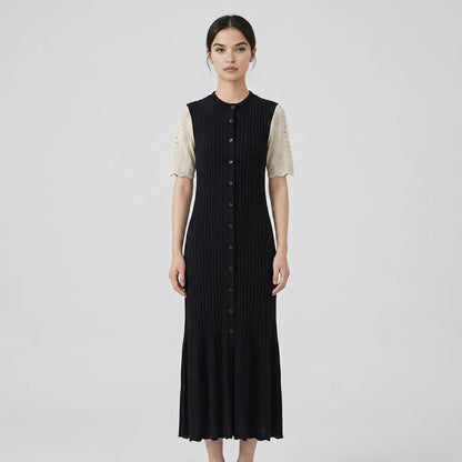 Pointelle Knit Midi Dress – Button-Down Polo Collar Bodycon