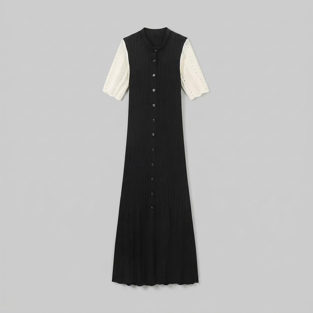 Pointelle Knit Midi Dress – Button-Down Polo Collar Bodycon